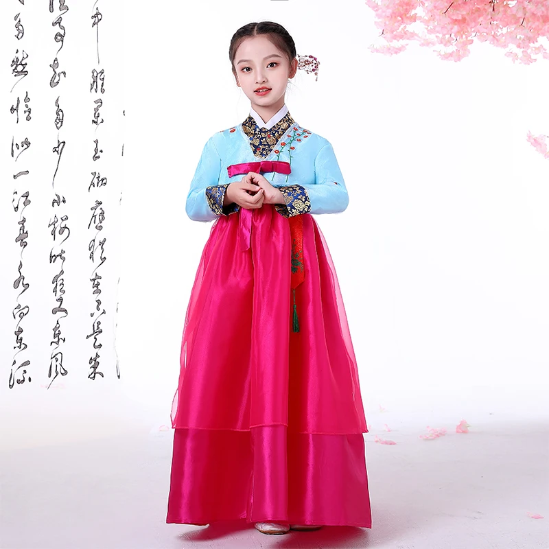 blue with rose red Цветочным узором; детская Корейская традиционный костюм для девочек в этническом Корейском стиле «ханбок» платье меньшинств восточный, Азиатский дворец Корея производительность Костюмы - Цвет: blue with rose red