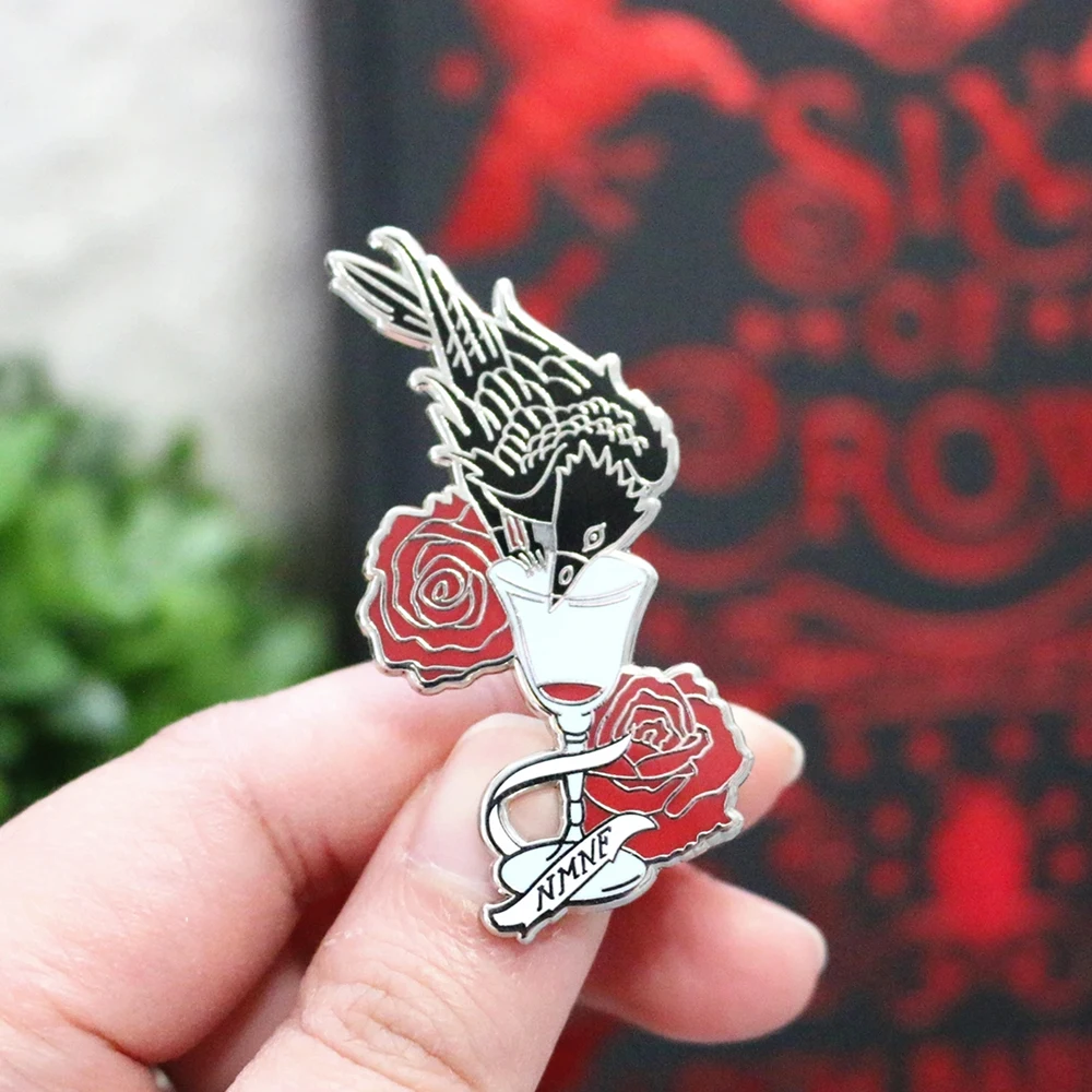 Gothic Six Crows Red Rose Flower Hard Enamel Pin Crow Drinks Water Goblet Lapel Medal Cartoon Black Bird Animal Brooch Jewelry