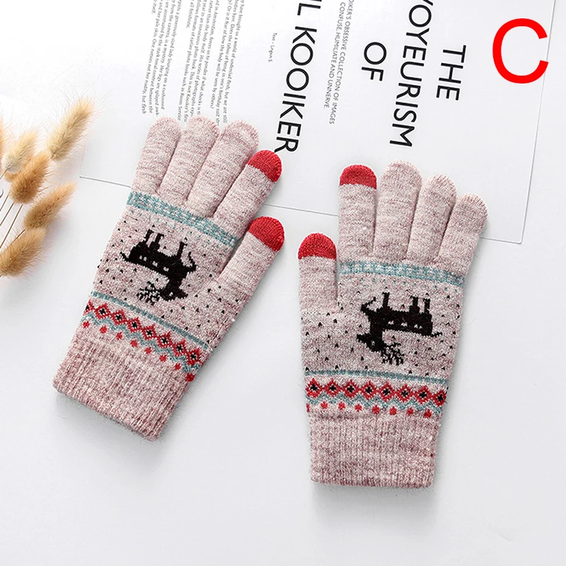 1 пара, Женские винтажные вязаные перчатки с рождественским оленем, утепленные перчатки с сенсорным экраном, зимние теплые варежки с изображением снежного лося, полный палец, рождественский подарок - Цвет: C