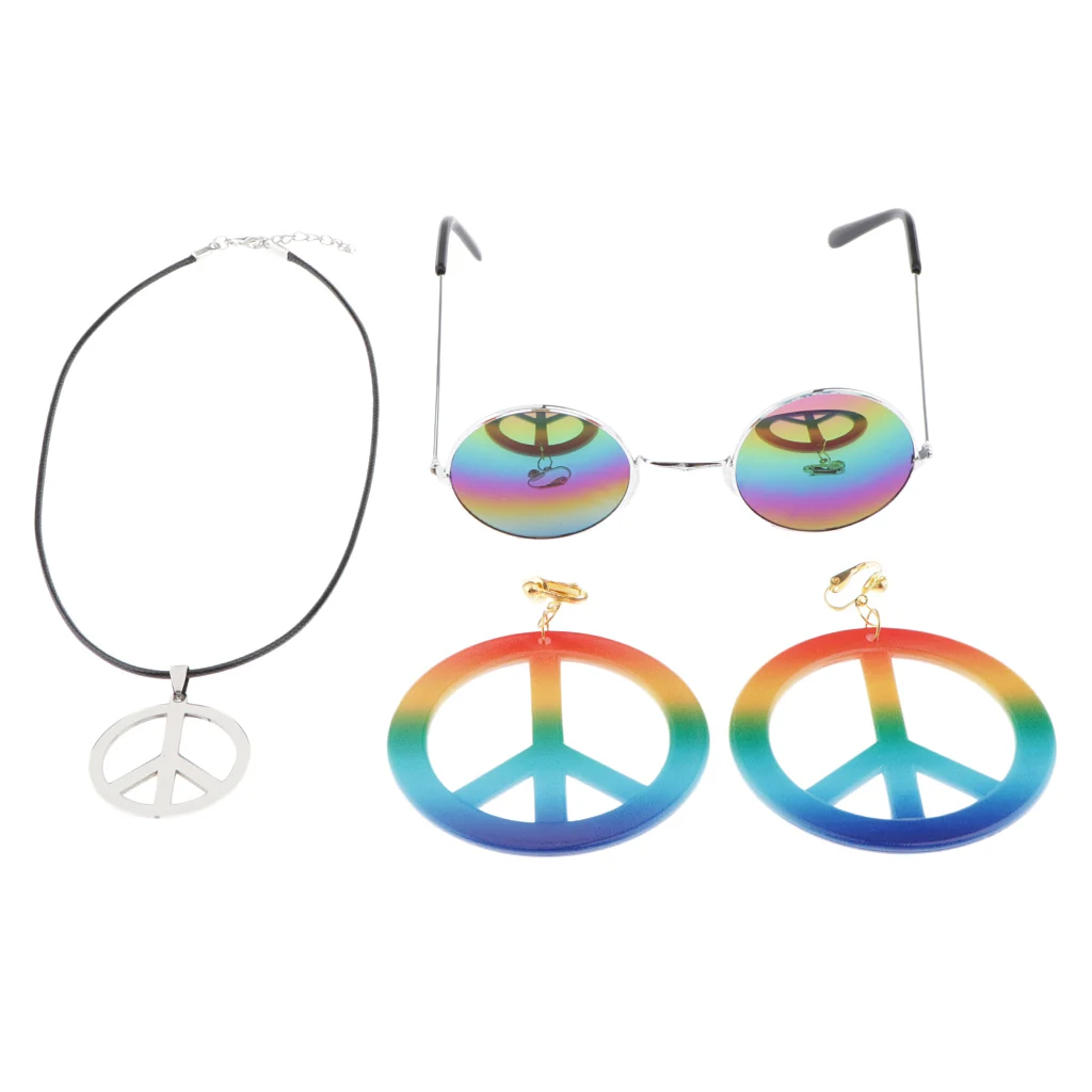 Peace Sign Necklace Earring Hippie Sun Glasses Hippie Costume Accessories Colorful Large Round Earring Necklace and Sunglasses