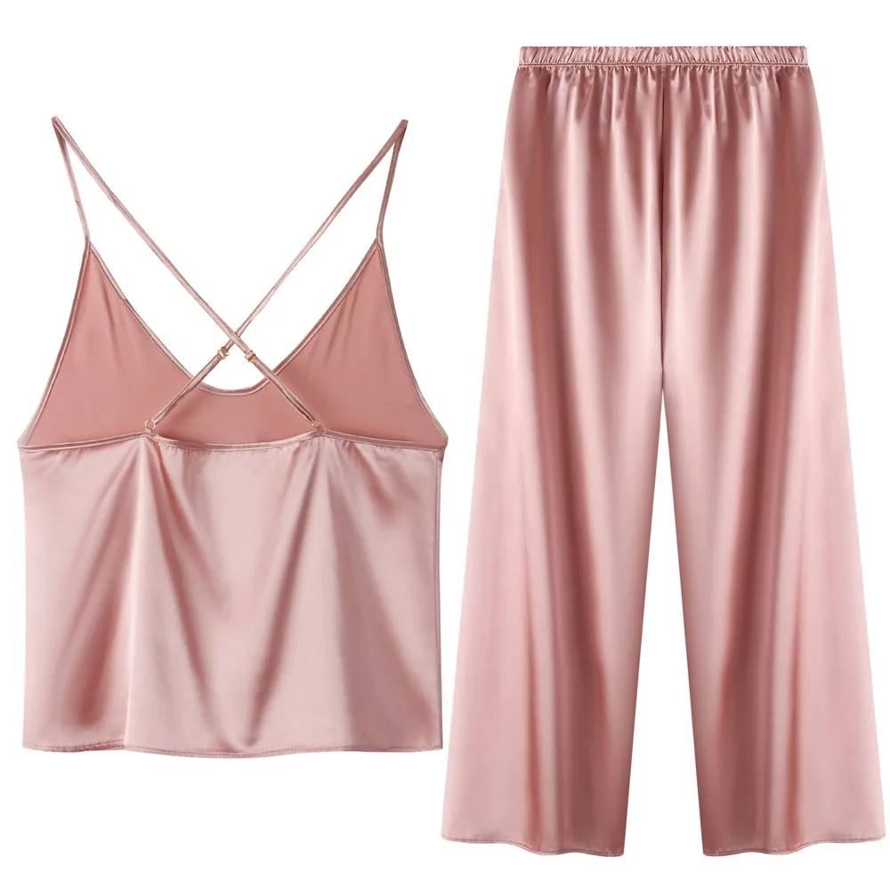 Womens Satin Pajama Set Sexy Pyjamas Criss Cross Back Camisole Pant Set Bow Nightwear Soft Loungewear