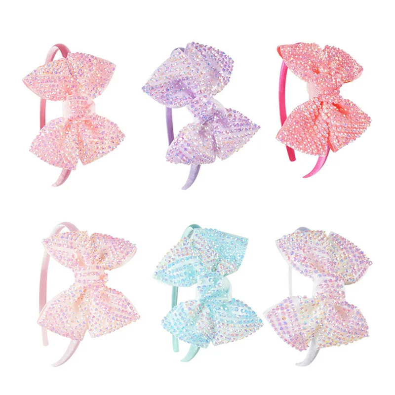 6Pcs/lot Children Hairbands Rhinestone Hair Bows Headband for Girls Handmade Boutque Hair Hoop Dance Party Hair Accessories