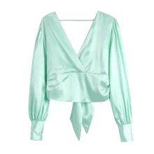 

Women Back Lace Up Bowknot Satin Shirt Long Sleeve Female Blouse Casual Lady Loose Tops Blusas S9858