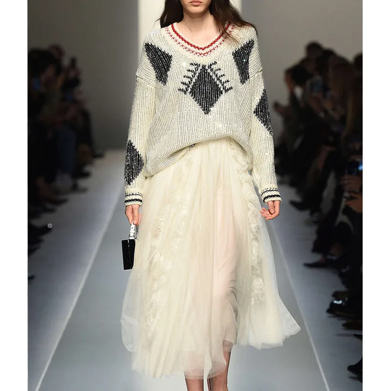 

2019 New Autumn Winter Runway Designer Women Sets High Quality Luxury V Neck Sweater Tops And Tulle Tutu Skirt Clothing Suits