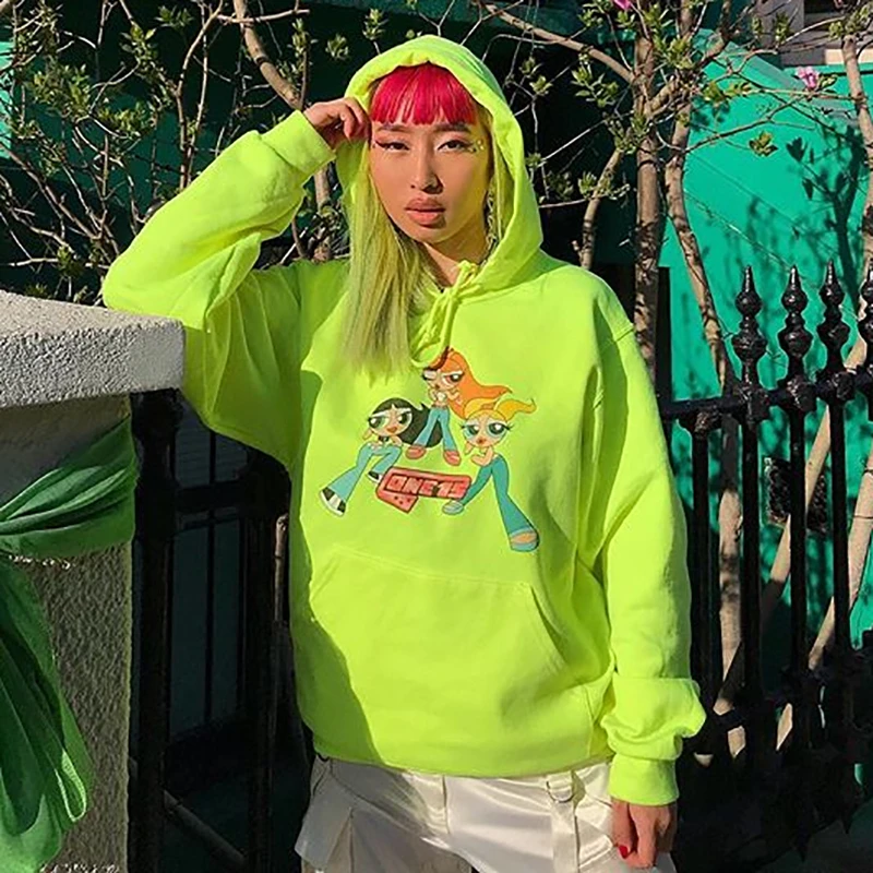Harajuku Забавный принт с героями мультфильмов, толстовка с капюшоном в стиле унисекс бренд флуоресцентный зеленый толстовки Для женщин панк обувь для девочек в стиле «хип-хоп» в уличном стиле