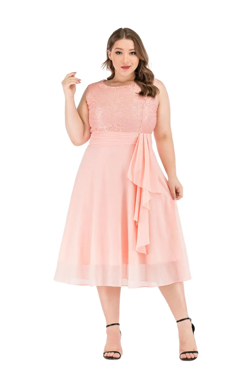3XL 4XL плюс размер летние кружевные платья без рукавов сексуальные розовые вечерние трапециевидные шифон платье элегантный женский миди vestidos robe Femme