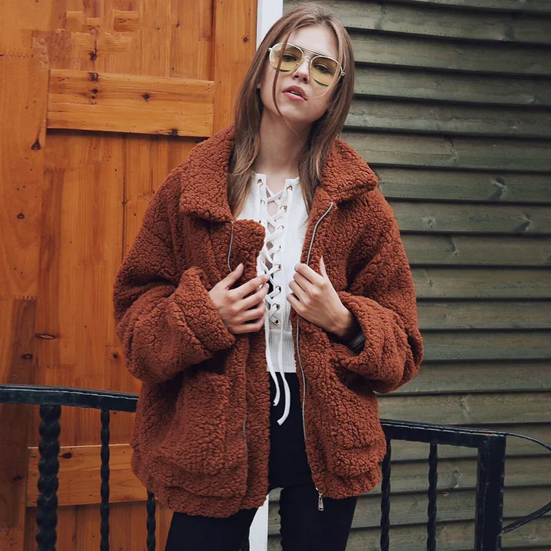 

2019 Autumn Plus Size Jacket Coats Women Faux Lamb Fur Oversize Warm Thick Fleece Overcoat Femme Zipper Casual Winter Outerwear