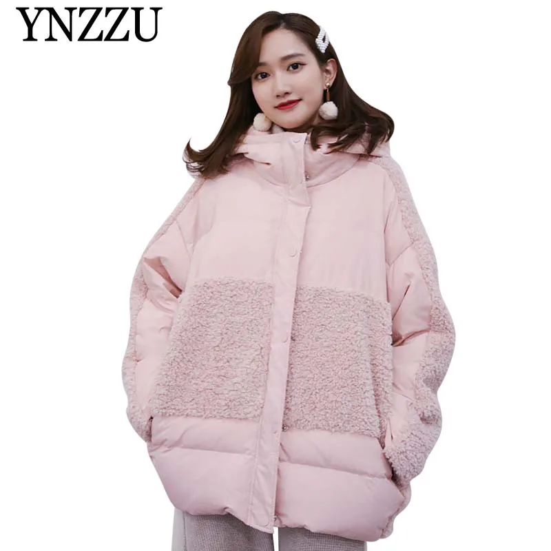 

YNZZU lambswool Patchwork Women Hooded Down coat 2019 Winter Warm Loose Oversize Down jacket Long sleeve Girl Chic Outwear YO923