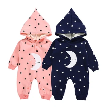 

Autumn Infant Baby Boys Girls Rompers Long Sleeve Star Moon Printing Hoodie Rompers Kids Thicken Velvet
