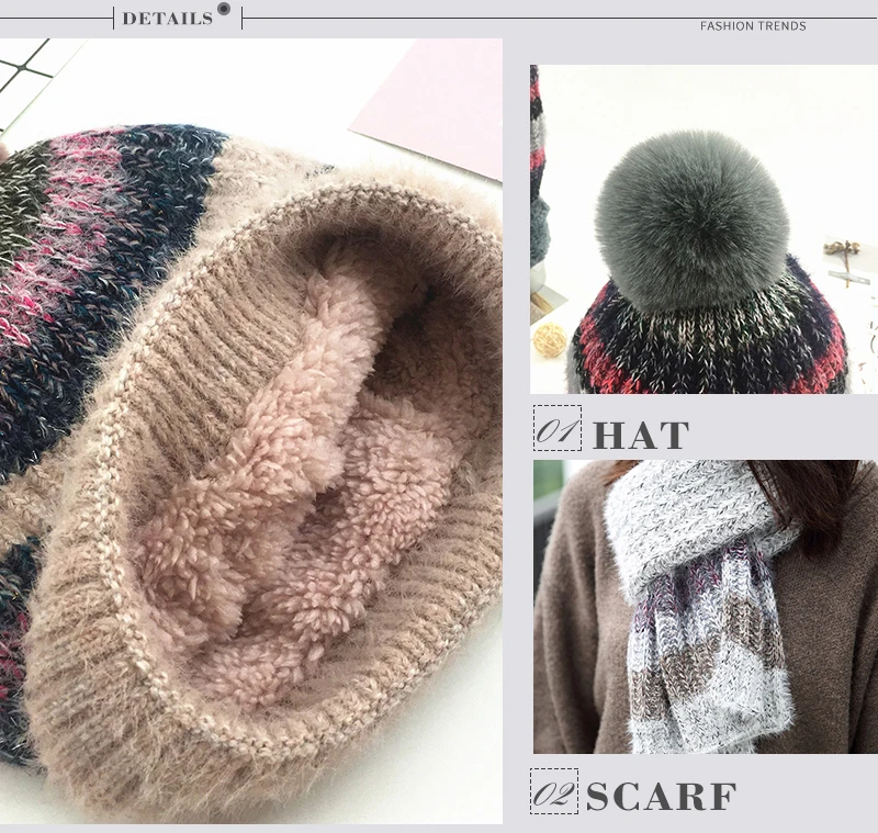 Women's Girl Hat Scarf Glove Set 3 Piece Sets Twist stripes Cap Gorros Bonnet Wool New Beanie Skullies Knitted Winter Hats