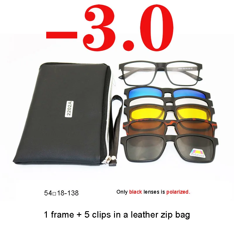 Квадратная Большая рама поляризованные солнцезащитные очки готовые близорукость очки Оптические очки Магнит 5 клип солнечные очки близорукость очки 2202 - Цвет оправы: 2202A  degree -3.0