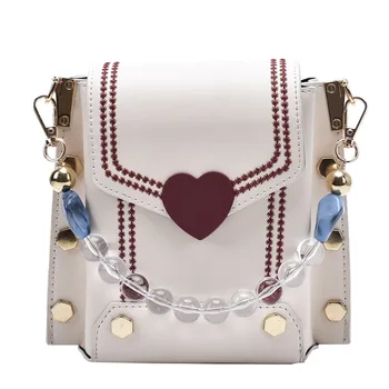

Wide shoulder strap mobile phone bag women's bag texture rivet shoulder bag love diagonal bag wild small square beaded handbag
