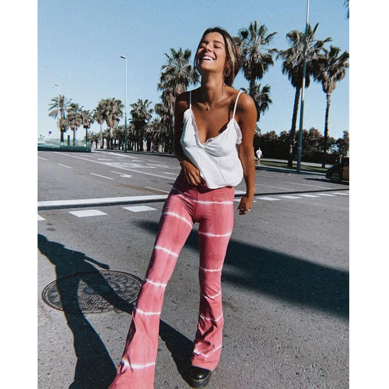 Pantalones acampanados Tie Dye para mujer, pantalón de cintura alta cintura elástica|Pantalones y pantalones capri| AliExpress