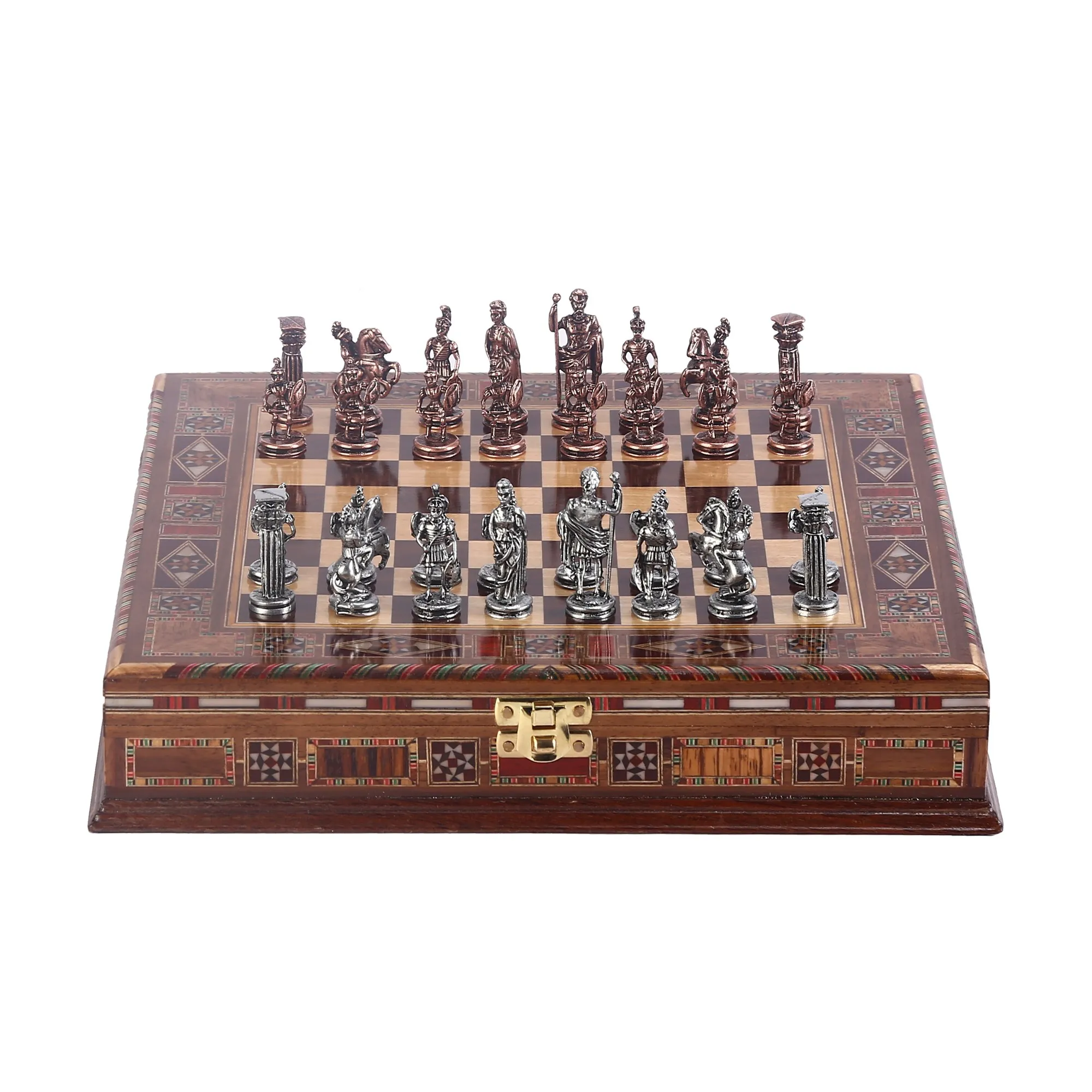 US $134.90 Antique Copper Rome Figures Metal Chess Set Handmade Pieces Natural Solid Wooden Chessboard Storage small Size King 48cm