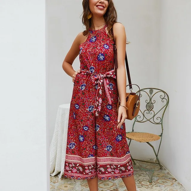 Женский комбинезон, женский комбинезон, пляжный, летний, шифон, Halterneck, Boho, модные, вечерние, без рукавов, цветочный принт, на каждый день - Цвет: Red
