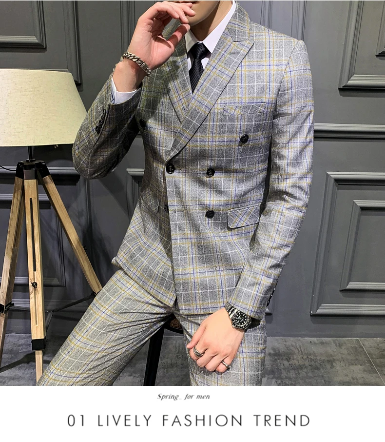 Черный, серый, синий клетчатый костюм для мужчин Slim Fit Свадебное платье для мужчин из трех частей s двойные приталенные пиджаки сценическое элегантное платье Q763