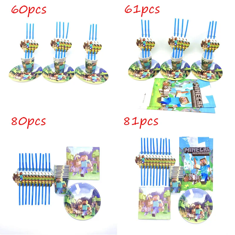 

81 Pcs/set Cartoon Minecraft Paper Cups Straws Boy Girl Baby Happy Birthday Party Decorations Kids Supplies Tablecloth Plate
