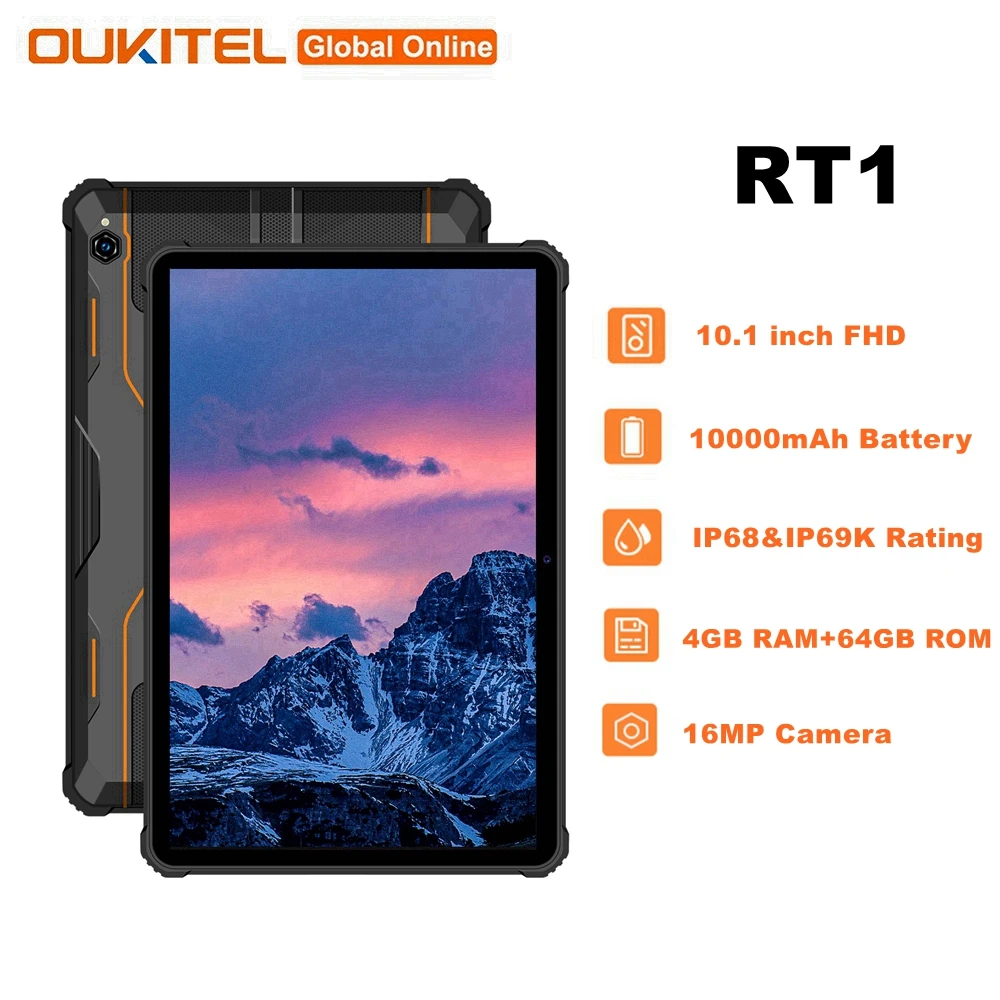 Планшет OUKITEL RT1 защищенный IP68 4 + 64 ГБ 10 1 дюйма FHD 10000 мА · ч Android 11 Восьмиядерный 16 МП |