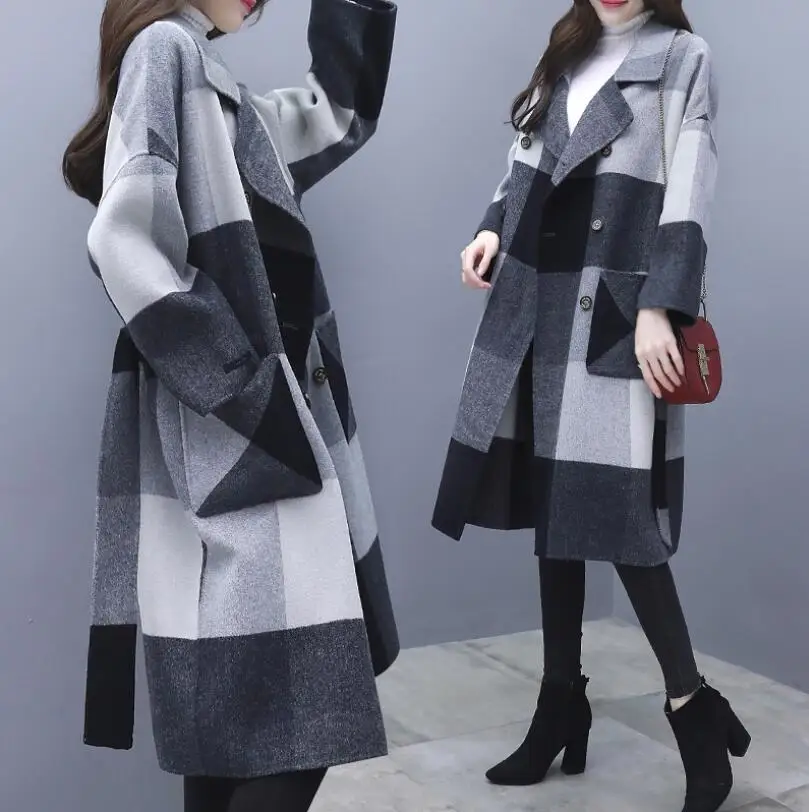 Новое зимнее шерстяное пальто женское высококачественное длинное пальто с отворотом casaco женское элегантное Смешанное черно-белое клетчатое пальто