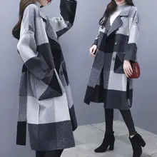 Новое зимнее шерстяное пальто женское высококачественное длинное пальто с отворотом casaco женское элегантное Смешанное черно-белое клетчатое пальто
