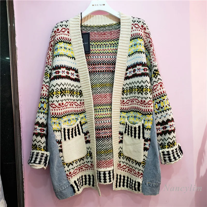 

Plus Size Knit Coat Women 2020 New Loose Large Size Contrast Color Retro Sweater Cardigan Stitching Jeans Coat V-neck Casual