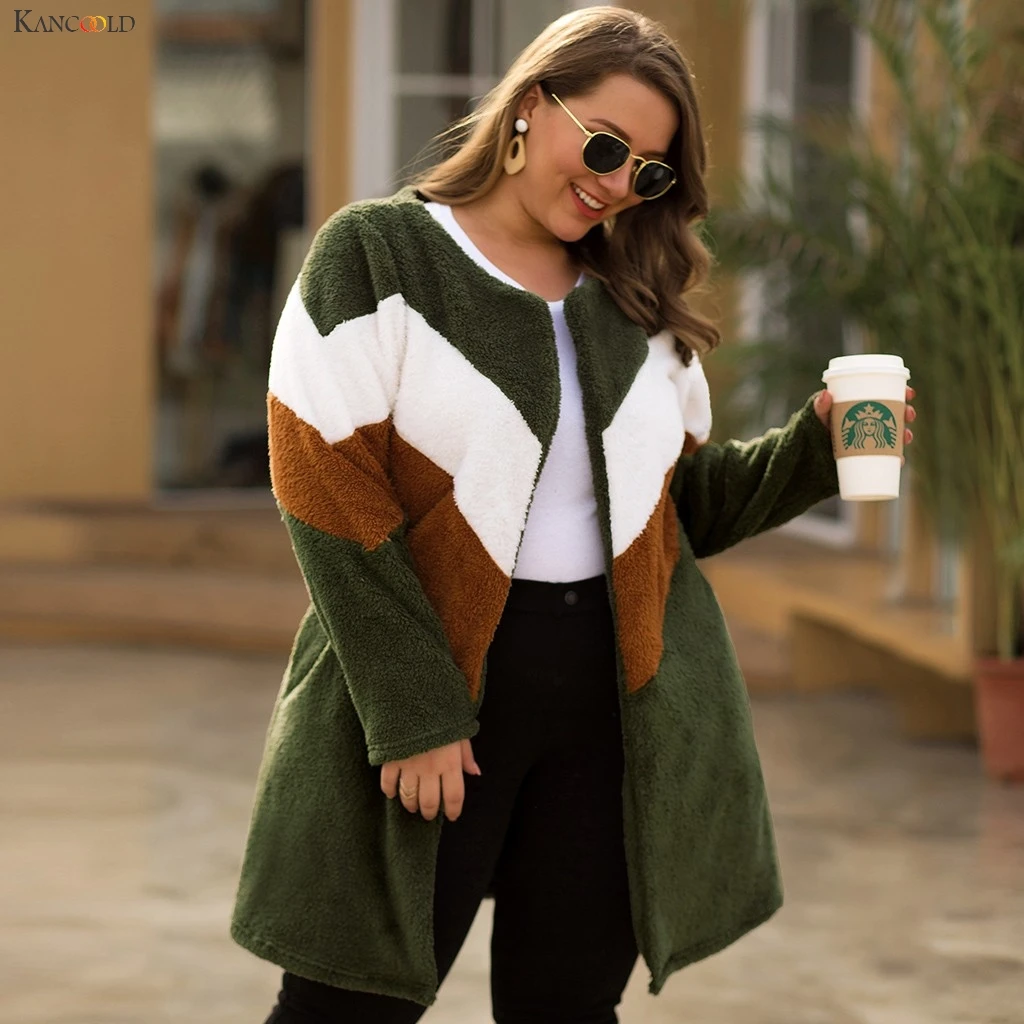 discounted  KANCOOLD coats Women Plus Size O-neck Contrast Color Stitching Cardigan Zipper Loose Plush new coat