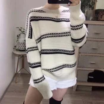 

2019 New Fashion Striped Thicker for Heavy Winter Sweaters Woman Cashmere Blended O-Neck Loose Long Sleeve Pullovers Ladies Tops