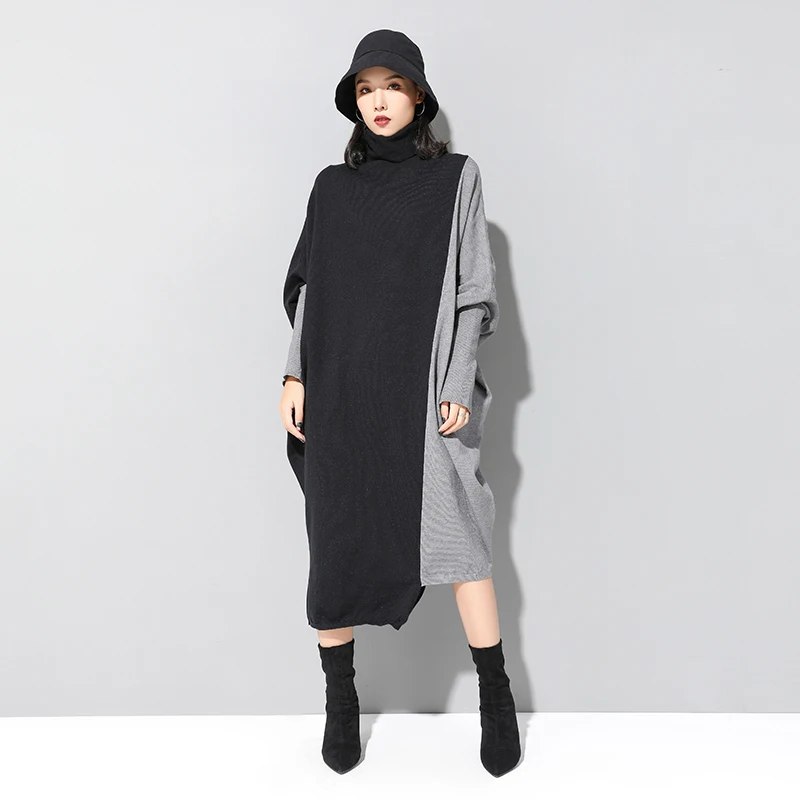 Black Gray Вязаное платье с длинным рукавом размера плюс, винтажное женское повседневное свободное осенне-зимнее платье-свитер, элегантная одежда, женские платья - Цвет: Black Gray