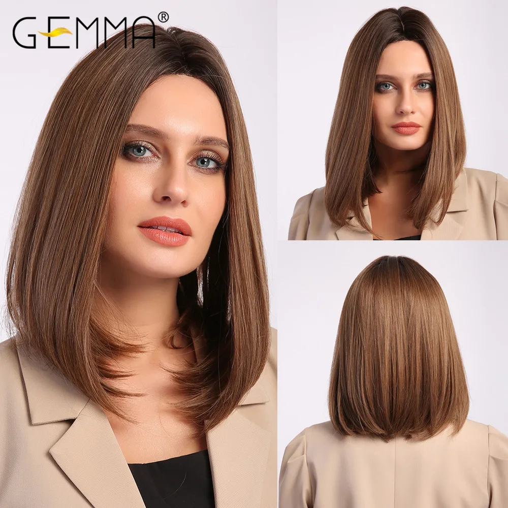 Wig Natural Cosplay Hair Heat-Resistant Brown Synthetic Bob GEMMA Medium Women Middle-Part