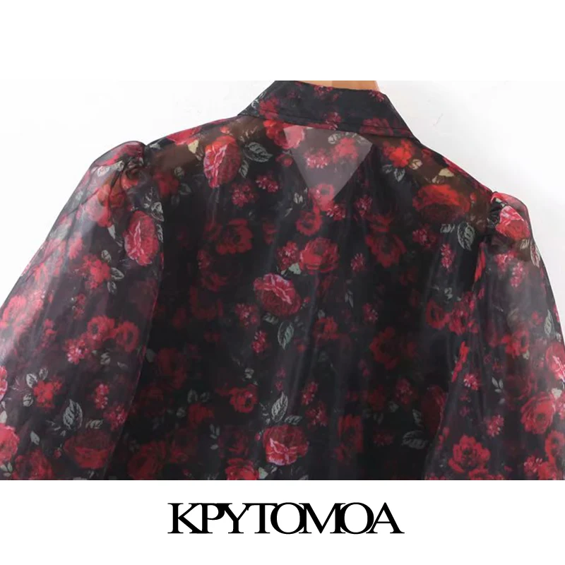 Vintage Stylish Floral Print Organza Blouse Women Fashion Lantern Sleeve See Through Sexy Female Shirts Blusas Chic Tops