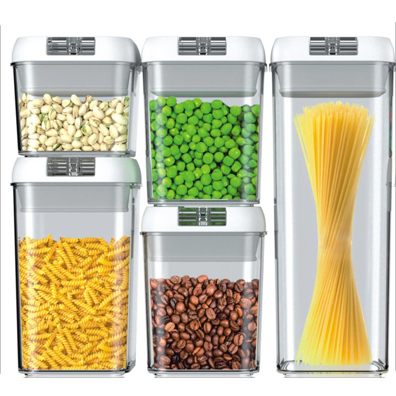 

5pcs/set PP Food Storage Box Plastic Clear Container Set with Pour Lids Kitchen Storage Bottles Jars Dried Grains Tank 0.5L-1.8L