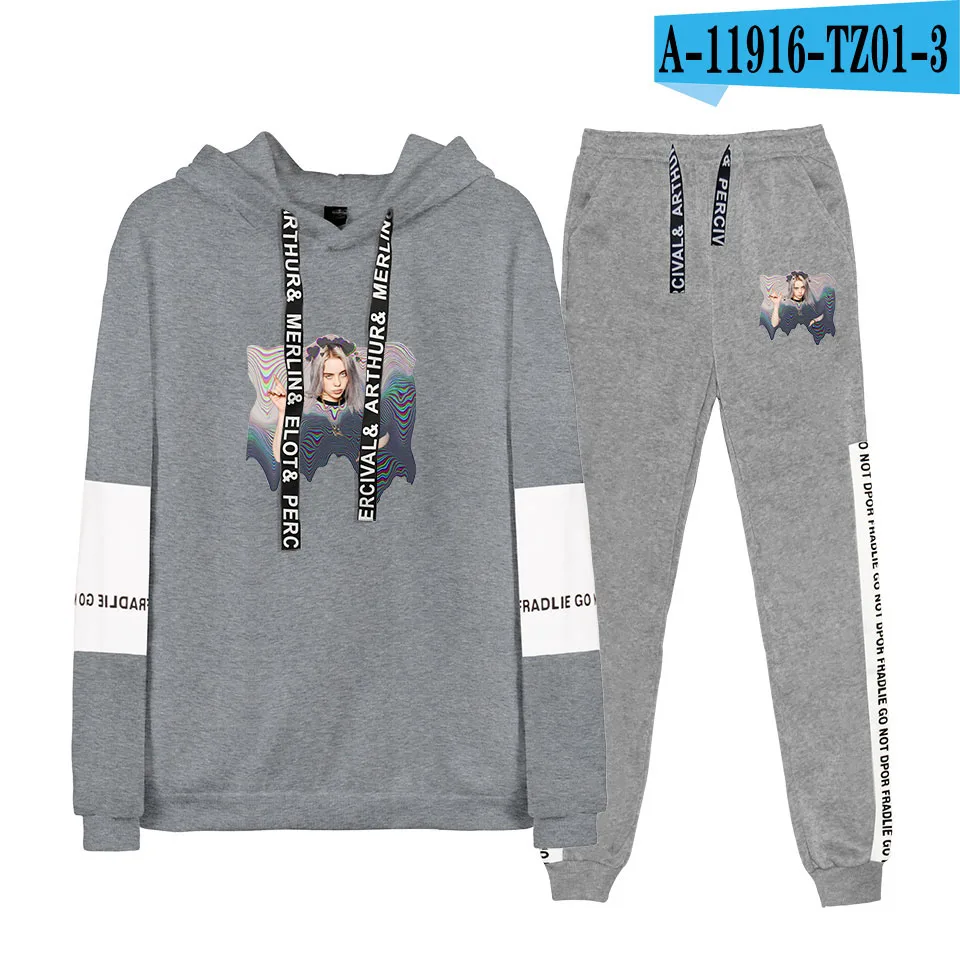 Новинка года Billie Eilish, популярная модная толстовка с капюшоном и длинными рукавами+ брюки, толстовка с капюшоном, Повседневная зимняя/демисезонная Мужская Толстовка для женщин - Цвет: gray