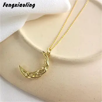 

Fengxiaoling New Fashion S925 Sterling Silver Golden Pleated Rippled Moon Moom Pendant Necklaces For Women Jewelry Gift