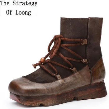 

Spring Autumn Winter China Style Retro Women Genuine Leather Ankle Boots Lady Lace-Up Thick Sole Square Toe Short Boots 191008