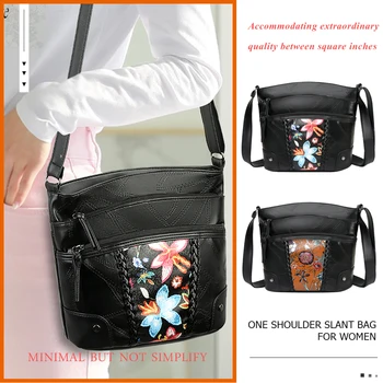 

Fashion Flower Printed Shoulder Bag PU Leather Splicing Mommy Women Female Multi Pocket Zipper Elegant Crossbody Messenger Shopp