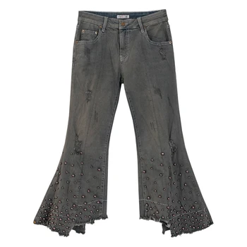 

Fall Spring Casual Womens Stretch Ripped Hole Pearls Beading Flare Denim Trousers , Irregular Tassel Jeans Pants for Women