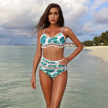 

Tassel print woman swimsuit separate two piece Bandeau bikini 2020 new swimwear women suit biquinis Wire Free