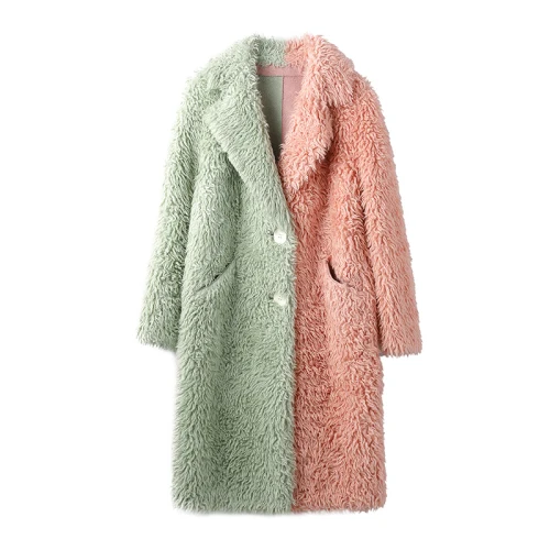 Green Pink Зимнее пальто из натурального меха, Женская длинная винтажная куртка для стрижки овец, женская осенняя одежда, корейские шерстяные топы, пальто Hiver 12008 - Цвет: Green Pink