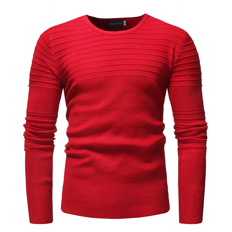 

2019 Autumn New Style MAN'S Sweater EBay Single Color Stripes Pleated Slim Fit Sweater Base Shirt