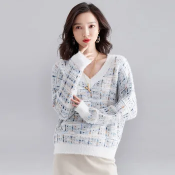 

Spring Winter New Women’s Plaid Sweater Pullover Long Sleeve V Neck Contrast Color Patchwork Knitted Sweater Korean Casual Tops