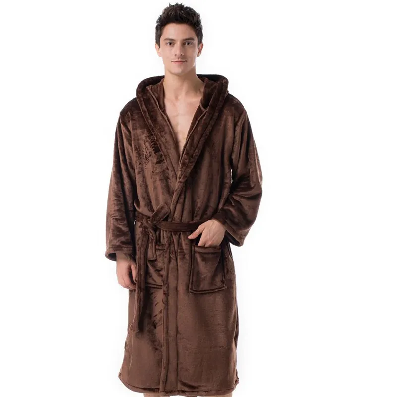 Повседневные мужские халаты размера плюс, фланелевый Халат с капюшоном и длинным рукавом, мужские халаты, плюшевое теплое кимоно, мужской халат - Цвет: Brown