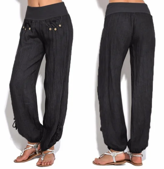 Women Black Button Cotton Linen Pants Casual Loose Trouser Wide Leg Pants Summer Beach cargo pants women Sweatpant pantalones crop pants for women