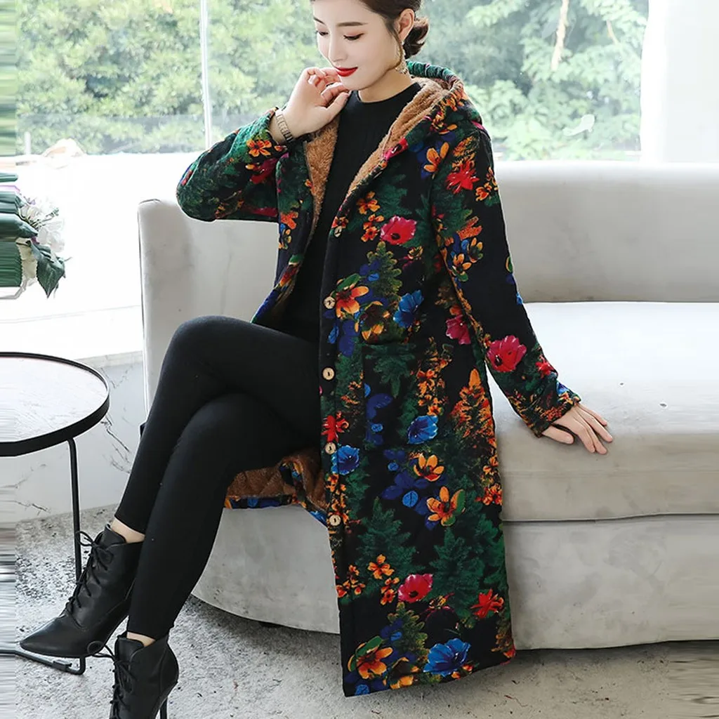 Manteau femme, модное зимнее пальто для женщин, с капюшоном, теплый, Ретро стиль, с принтом, топ, длинный рукав, блузка, Свободное пальто, ropa mujer, ropa mujer