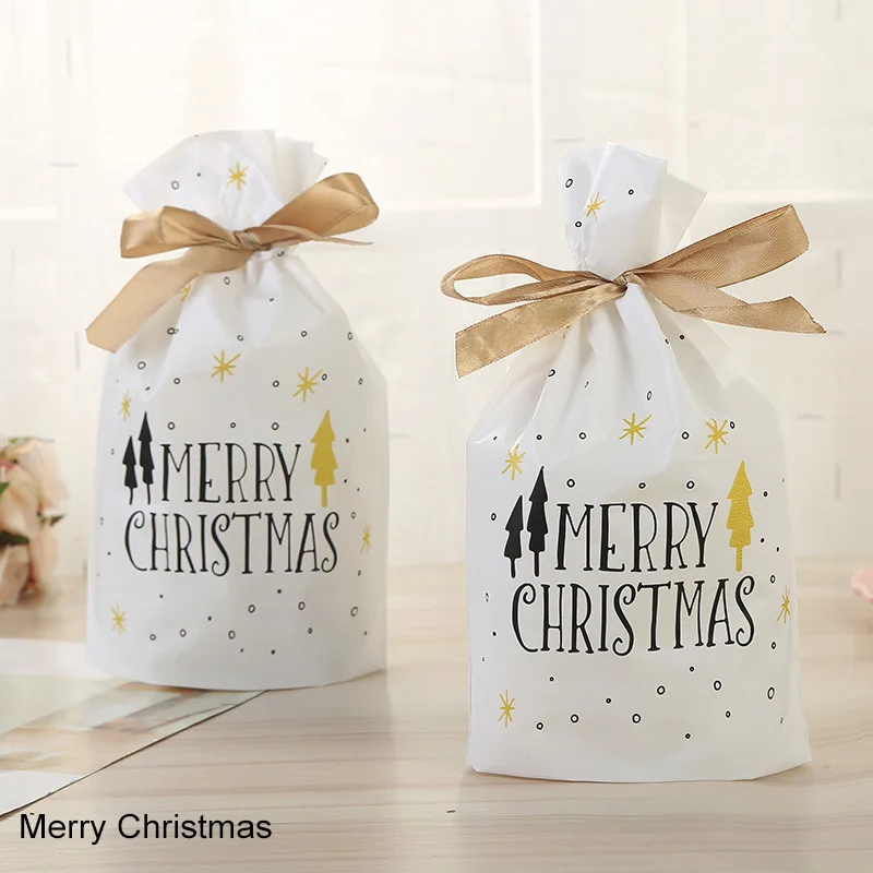 Wedding Decor Birthday Party Supplies Drawstring Bags Plastic Gift Package Cookie Snack Candy Bag Ribbons Food Biscuits Pouch - Цвет: Merry Christmas