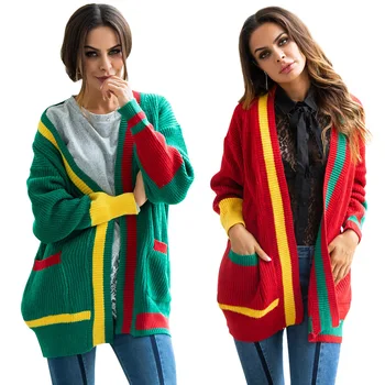 

Autumn And Winter With Pocket Christmas Colorful Cardigan casual Loose Knitted Warm Sweater Women's Jacket Loose vintage Sweater