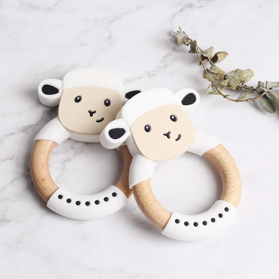 Silicone Sheep Elephant Beech Wooden Teether Wooden Teething Ring Cute Baby Rattles Teething Toy For Baby Nursing Pendant