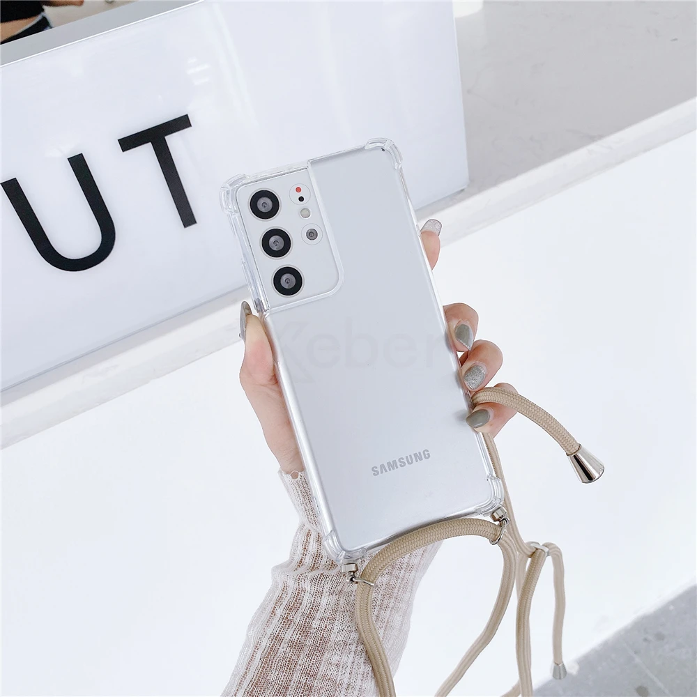 Neck Strap Lanyard Cord Rope Phone Case For Samsung S22 Plus S21 FE S20 Ultra S10 5G Lite S9 S8 Hang Clear Soft Silicone Cover cute samsung cases