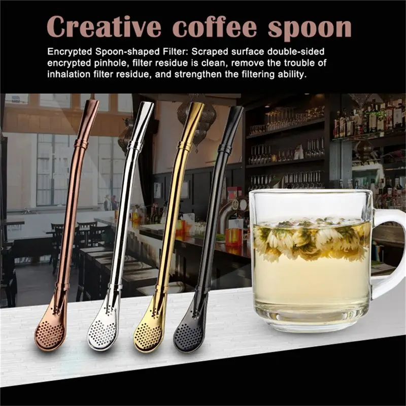

Black 304 Stainless Steel Filter Straw Spoon Stirrup Straw Spoon Non-slip Creative Coffee Scoop Western Stirring Spoon Cutlery