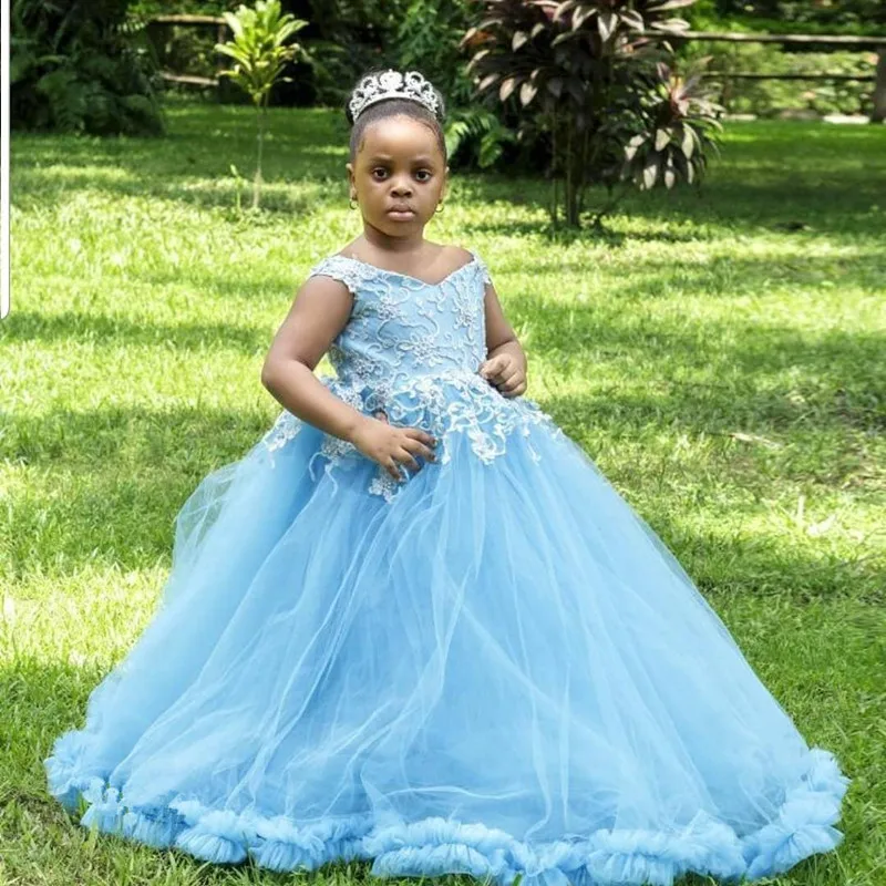 757Lace Beaded Flower Girl Dresses Ball Gown Tulle Little Girl Wedding Dresses Cheap Communion Pageant Dresses Gowns