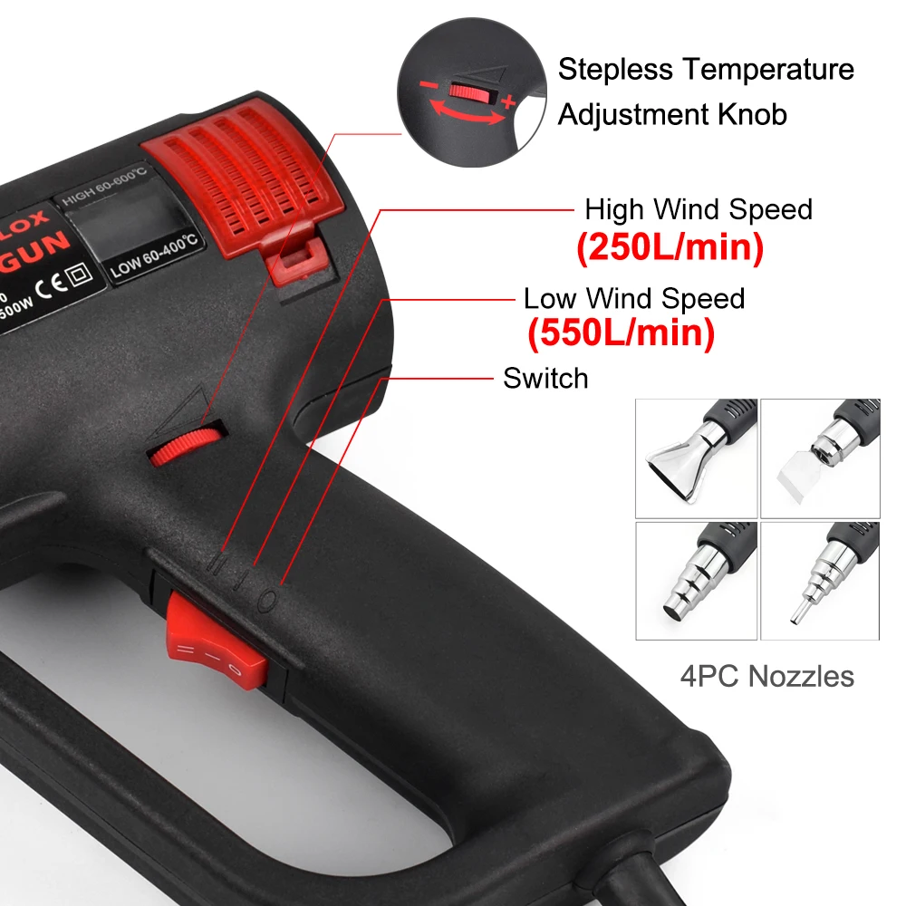 1500W Hot Air Gun EU 220V 50-550℃ Variable Temperature Heat Gun with 4PC Nozzles for Removing Paint Shrinking PVC Power Tool 2